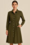 Women's Khaki Buttoned Long Sleeve Midi Shirt Dress - 6