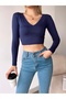 Women's Navy Blue V-Neck Long Sleeve Crop Blouse