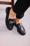 Women's Black Loafer Moccasin Casual Silver Color Buckle Casual Shoes - 7