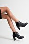 Women's Genuine Leather Heeled Boots with Suede Detail on the Back - Navy Blue