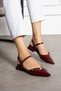 Burgundy Patent Leather Ankle Strap Gold Buckle Pointed Toe Low Heel Women's Ballerina Shoes - 2
