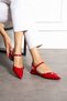 Red Patent Leather Ankle Strap Gold Buckle Pointed Toe Low Heel Women's Ballerina Shoes - 2