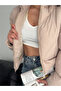 Women's Beige Stand-Up Collar Short Puffer Jacket with Zippered Pockets - 2