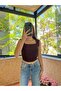 Women's Square Neck Gathered Waist Thick Strap Camisole Brown Blouse - 2