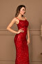 Sequin Sequined Long Evening Dress with Collar Strap - Red - 4