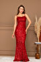 Sequin Sequined Long Evening Dress with Collar Strap - Red
