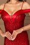 Sequin Sequined Boat Neck Long Evening Dress - Red - 2