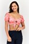 Women V Neck Short Sleeve Allover Print Crop Top, Multicolor