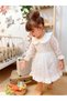 Off-white Peter Pan collar, bow detail, lace fabric, long-sleeved girl's baby dress. - 2