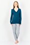 Women V-Neck Solid Long Sleeve Sleepwear Top, Teal Green - 4