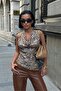 9068 Leopard Neckline Drawstring Skirt Asymmetrical Degaje Crop Blouse