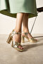 Gold Snake Patterned Thick Heeled Evening Dress Shoes - Platform Sole Women's Heeled Shoes - 3
