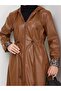 Women's Hooded Zippered Leather Tan Cap - 4