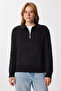 Women's Anthracite Zippered Collar Basic Knitwear Sweater Pf00122 - 3