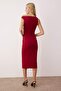 Bordo Düz Vücudu Saran Büzgü / Drape Midi  Dokuma Elbise TWOSS25EL00264 - 4