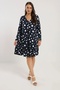 Women's Plus Size Navy Blue, Polka Dot Pattern, Front Pleat Detail, Long Sleeve Viscose Dress 65N39002
