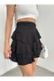 Women's High Waist Elastic Waist Layered Ruffle Seersucker Mini Skirt Shorts - Black - 2