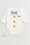 Tiny Boss Bow Tie Baby Bodysuit, Button Pattern Printed, Baby Boy Long Sleeve Snap Fastener Bodysuit Cotton - 5