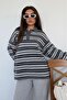 Anthracite Polo Collar Striped Women's Knitwear Sweater Mg2469 - 5