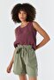 Elastic Waist Belted Linen Shorts Khaki - 2