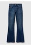 Women's Dark Blue Stretch Cotton Pocket Regular Waist Flared Denim Pants - 2