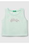 Girl's Aqua Green Glittered Benetton Logo Printed Tank Top