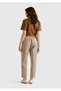 Women's Beige Stretch Cotton Back Elastic Waist Pocket Pants - 3