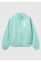 Girl's Aqua Green Glitter Benetton Logo Embroidered Zipper Sweatshirt