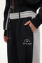 Contrast Fabric Garnished Embroidered Elastic Waist Trousers Black - 4
