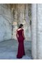 Women's Flexible Crepe Fabric Maxi Mermaid Dress with Tulle and Stone Detail Sleeves and Draped Front, Burgundy 5831 - 4