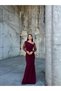 Women's Flexible Crepe Fabric Maxi Mermaid Dress with Tulle and Stone Detail Sleeves and Draped Front, Burgundy 5831