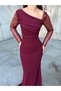 Women's Flexible Crepe Fabric Maxi Mermaid Dress with Tulle and Stone Detail Sleeves and Draped Front, Burgundy 5831 - 3