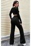 Women's Black Round-Neck Long-Sleeve Slit Front Detail Stretch Fabric Blouse Flared Pants Set - 5