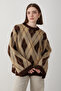 Women's Brown Oversize Argyle Patterned Knitwear Sweater - 3