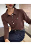 Brown Embroidered Polo Neck Long Sleeve T-Shirt - 4