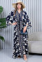 Women's Navy Blue Ethnic Authentic Patterned Balloon Sleeve Loose Oversize Long Dress - 2