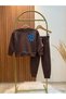 Milk print detailed brown 3 thread brushed fabric bottom top tracksuit set - 8
