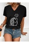 Oversize V-Neck T-Shirt with Crow Printed for Women