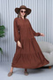 Women's Brown Buttoned Placket Collar Oversized Loose Balloon Sleeve Long Dress
