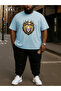 King of the Street Printed Oversize Large Size Light Blue T-Shirt & Black Pants Tracksuit Set