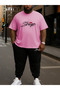 Stay Strong Printed Plus Size Bright Pink T-Shirt & Black Pants Tracksuit Set