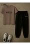 Born to Succeed Printed Oversized Light Brown T-Shirt & Black Pants Tracksuit Set - 2