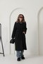 Women's Black Lined Pocketed Long Oversized Melton Coat with Belt - 5