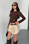 Women's Crew Neck Long Sleeve Blouse with Accessory Detail Brown - 26K 2545 - 2