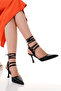 Black Leather Drawstring Pointed Heeled Shoes