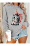Women's Cute Cat Printed Crew Neck Gray Black Sweatshirt Oversize Loose