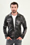 Patterned Slim Fit Shirt Collar Faux Leather Men's Coat Black - 39647.25K - 4