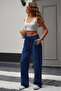 Navy Blue Linen Look Stretch Fabric High Waist Wide-Leg Palazzo Sweatpants - 7