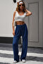 Navy Blue Linen Look Stretch Fabric High Waist Wide-Leg Palazzo Sweatpants - 8