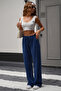 Navy Blue Linen Look Stretch Fabric High Waist Wide-Leg Palazzo Sweatpants - 2